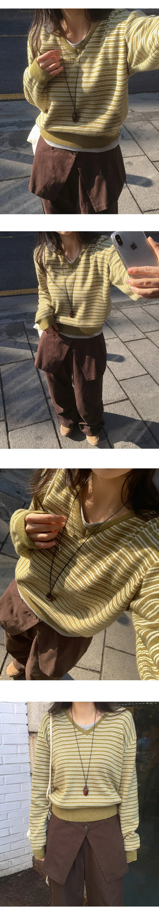 Lutian Loose Fit V Neck Striped Long Sleeve Knit