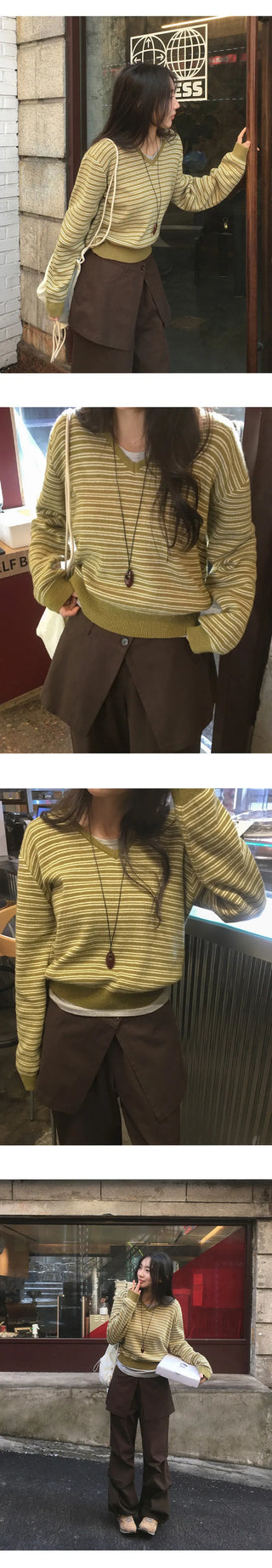 Lutian Loose Fit V Neck Striped Long Sleeve Knit