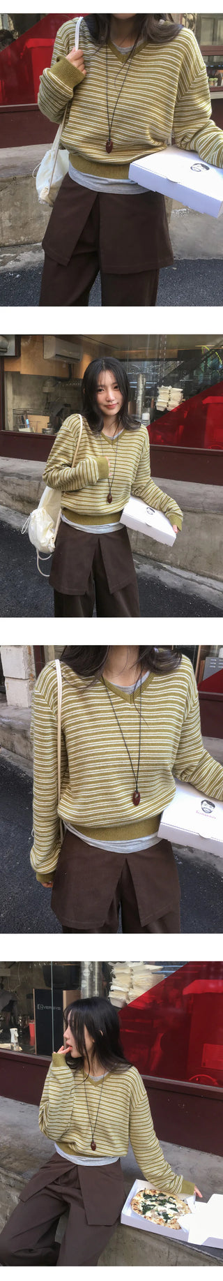Lutian Loose Fit V Neck Striped Long Sleeve Knit