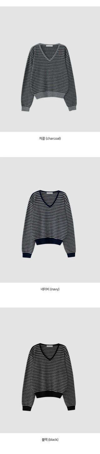 Lutian Loose Fit V Neck Striped Long Sleeve Knit