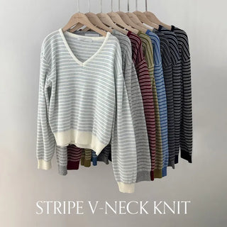 Lutian Loose Fit V Neck Striped Long Sleeve Knit