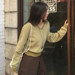 Lutian Loose Fit V Neck Striped Long Sleeve Knit