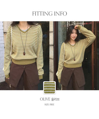 Lutian Loose Fit V Neck Striped Long Sleeve Knit
