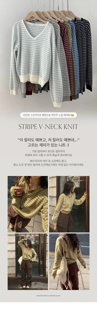 Lutian Loose Fit V Neck Striped Long Sleeve Knit
