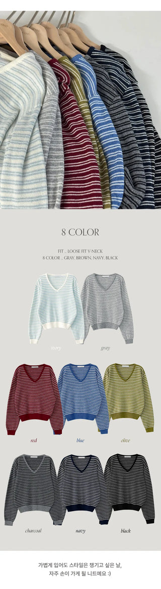 Lutian Loose Fit V Neck Striped Long Sleeve Knit