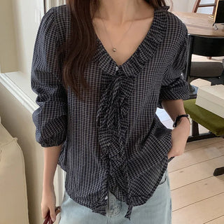Rochedin Check Frill String Long Sleeve Blouse