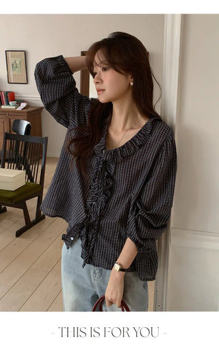Rochedin Check Frill String Long Sleeve Blouse