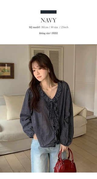 Rochedin Check Frill String Long Sleeve Blouse
