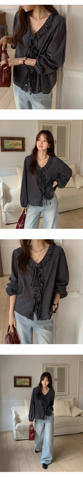 Rochedin Check Frill String Long Sleeve Blouse