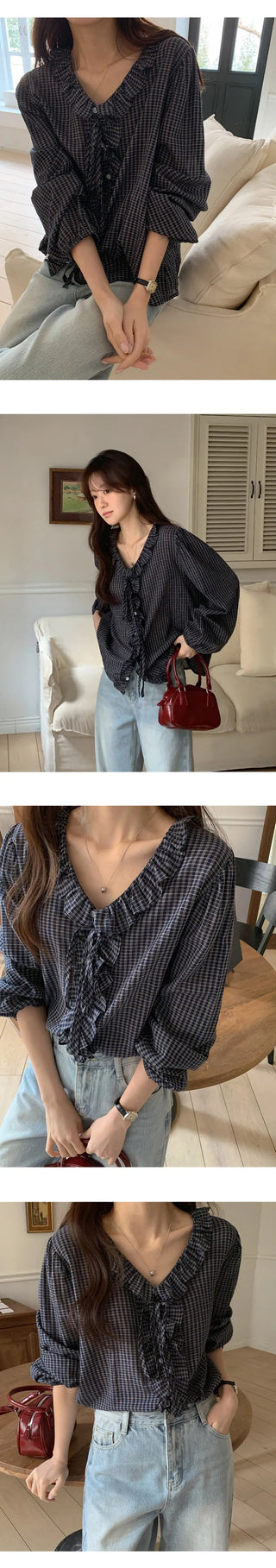 Rochedin Check Frill String Long Sleeve Blouse