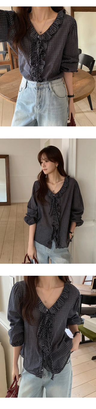 Rochedin Check Frill String Long Sleeve Blouse