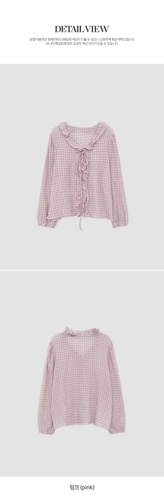 Rochedin Check Frill String Long Sleeve Blouse