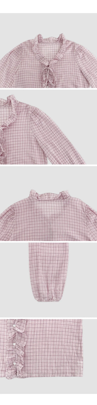 Rochedin Check Frill String Long Sleeve Blouse