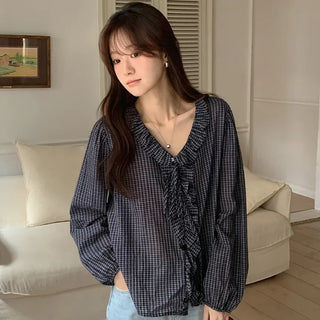 Rochedin Check Frill String Long Sleeve Blouse