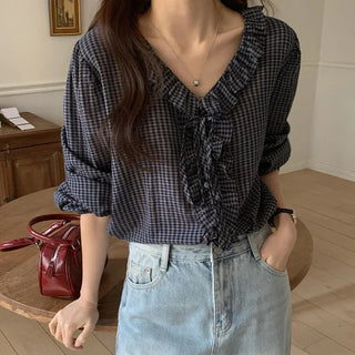 Rochedin Check Frill String Long Sleeve Blouse
