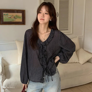 Rochedin Check Frill String Long Sleeve Blouse