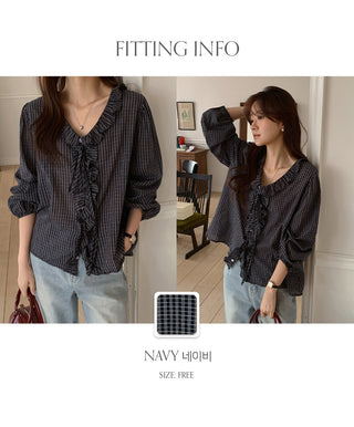 Rochedin Check Frill String Long Sleeve Blouse