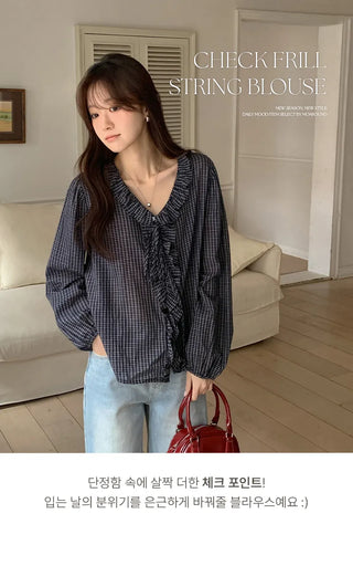 Rochedin Check Frill String Long Sleeve Blouse