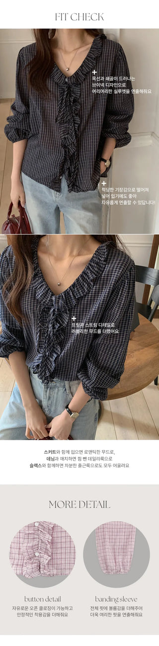 Rochedin Check Frill String Long Sleeve Blouse