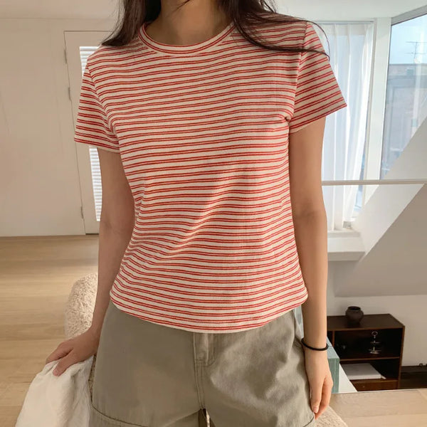 Obdel Striped Round Short Sleeve T shirt