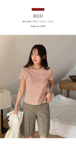 Obdel Striped Round Short Sleeve T shirt
