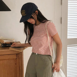Obdel Striped Round Short Sleeve T shirt
