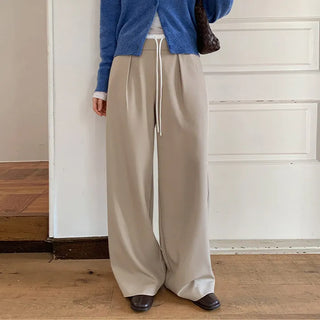 Romarti Contrast Elastic Waist String Pintuck Wide Slacks