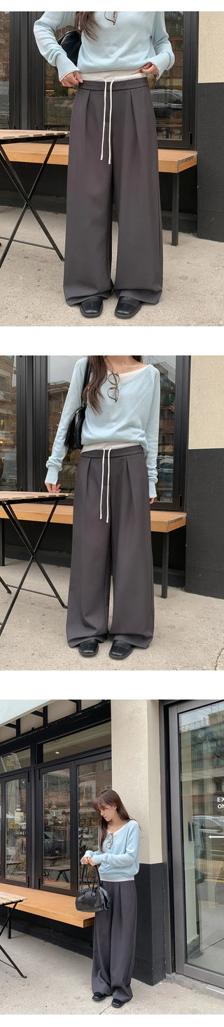 Romarti Contrast Elastic Waist String Pintuck Wide Slacks