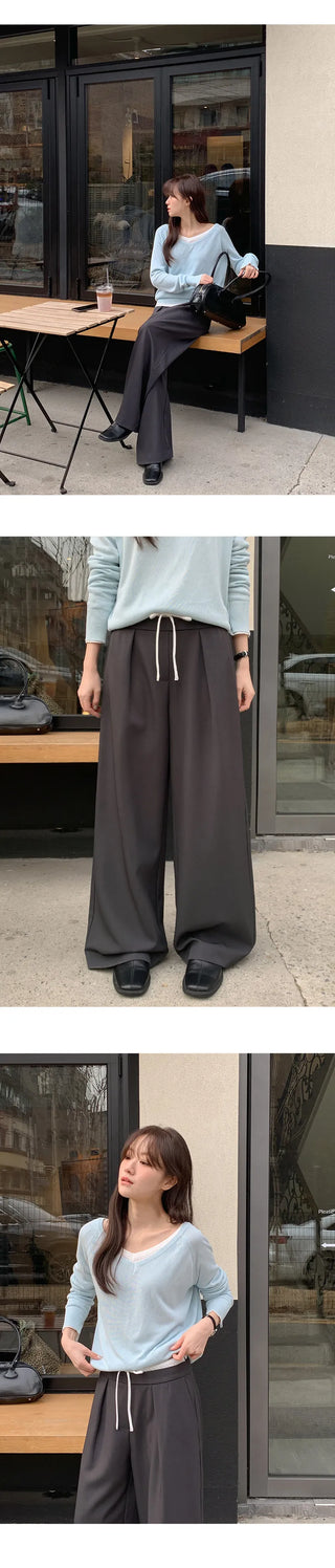 Romarti Contrast Elastic Waist String Pintuck Wide Slacks