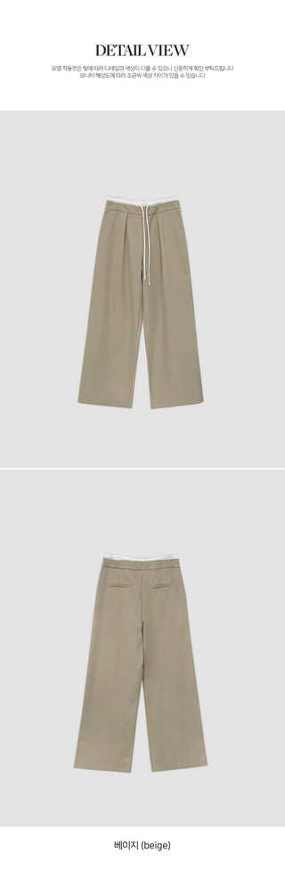 Romarti Contrast Elastic Waist String Pintuck Wide Slacks