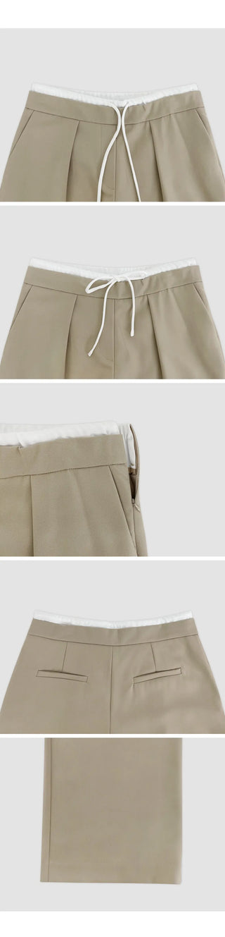 Romarti Contrast Elastic Waist String Pintuck Wide Slacks