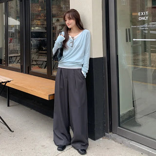 Romarti Contrast Elastic Waist String Pintuck Wide Slacks