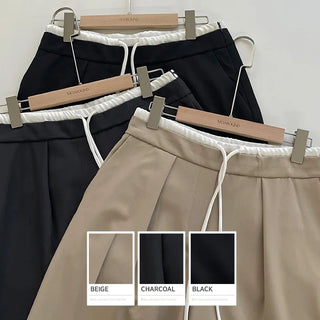 Romarti Contrast Elastic Waist String Pintuck Wide Slacks