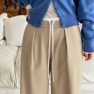 Romarti Contrast Elastic Waist String Pintuck Wide Slacks