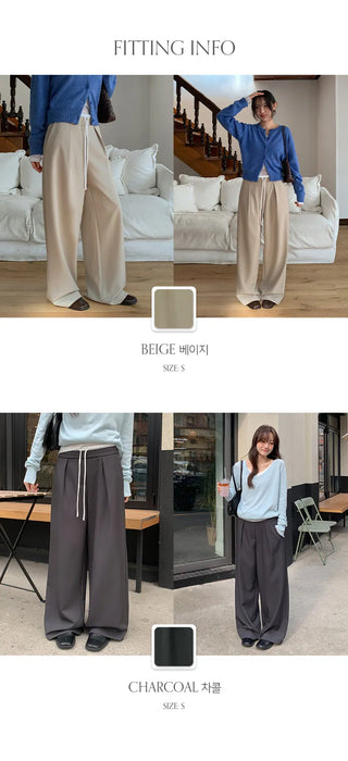 Romarti Contrast Elastic Waist String Pintuck Wide Slacks