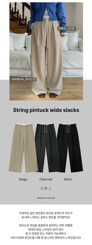 Romarti Contrast Elastic Waist String Pintuck Wide Slacks