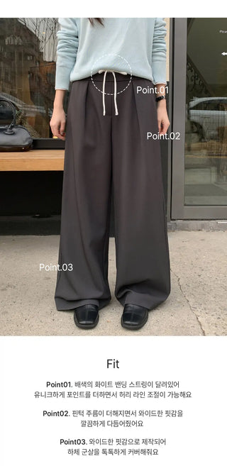 Romarti Contrast Elastic Waist String Pintuck Wide Slacks