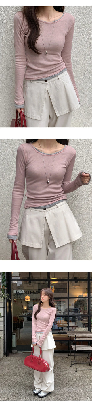 Y On Round Neck See through Slim Fit Long Sleeve T Shirt