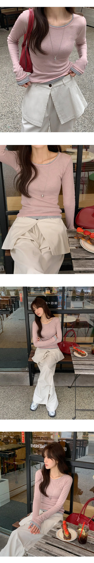 Y On Round Neck See through Slim Fit Long Sleeve T Shirt