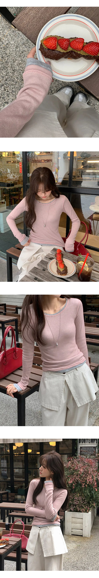 Y On Round Neck See through Slim Fit Long Sleeve T Shirt