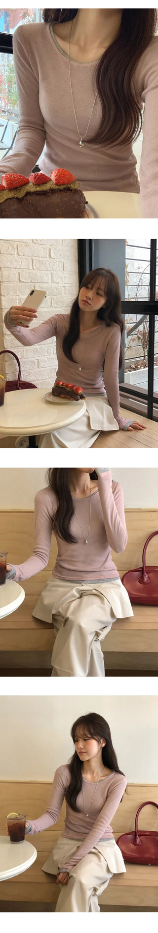 Y On Round Neck See through Slim Fit Long Sleeve T Shirt
