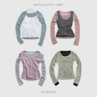 Y On Round Neck See through Slim Fit Long Sleeve T Shirt