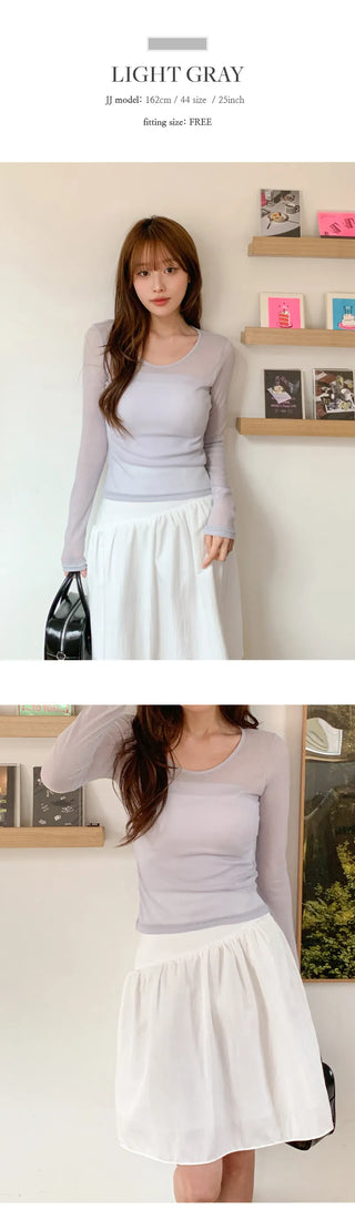 Y On Round Neck See through Slim Fit Long Sleeve T Shirt