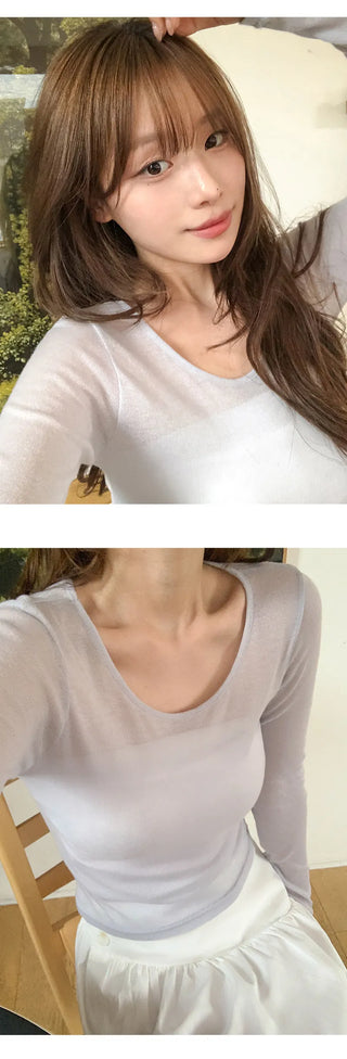 Y On Round Neck See through Slim Fit Long Sleeve T Shirt
