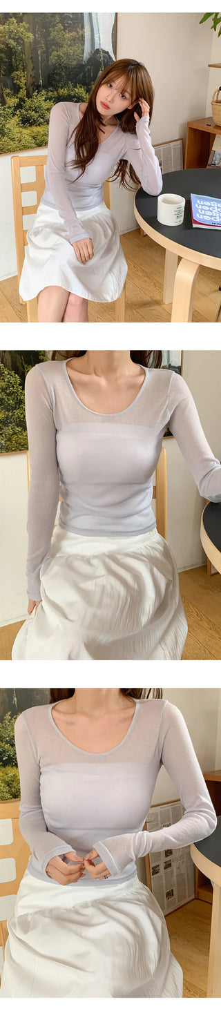 Y On Round Neck See through Slim Fit Long Sleeve T Shirt