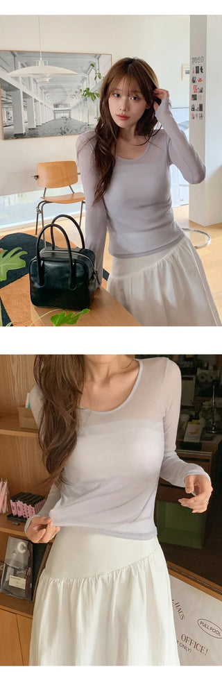Y On Round Neck See through Slim Fit Long Sleeve T Shirt