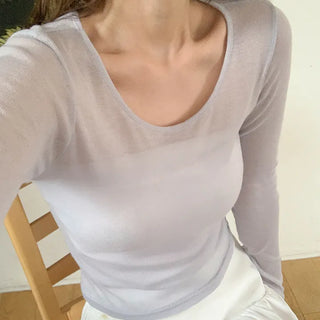 Y On Round Neck See through Slim Fit Long Sleeve T Shirt