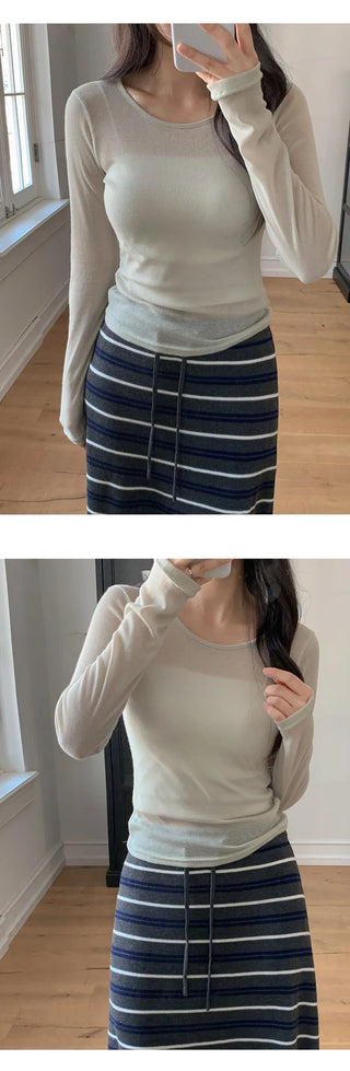 Y On Round Neck See through Slim Fit Long Sleeve T Shirt