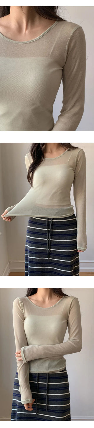 Y On Round Neck See through Slim Fit Long Sleeve T Shirt