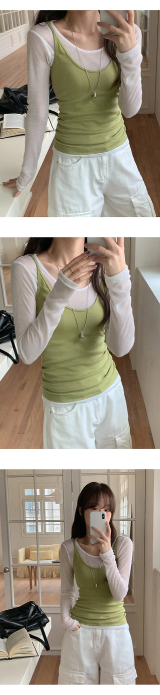 Y On Round Neck See through Slim Fit Long Sleeve T Shirt